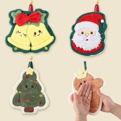 Daity 4 Pieces Creative Christmas Hand Towels - Soft Santa Dish Towels with Hanging Loops - Christmas Gingerbread Hanging Towels - Christmas Bathroom Kitchen Dish Towel Set for Drying Cleaning Cooking