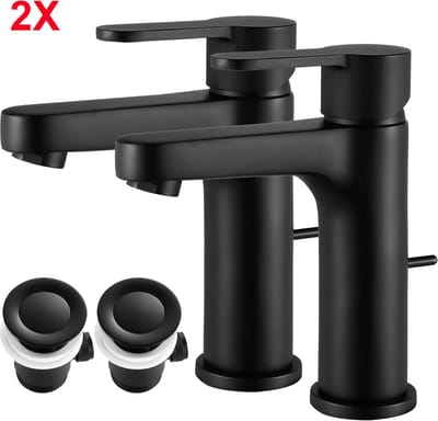 CECIPA Max Wastafelkraan - (2 Set) - Zwart Badkamerkraan - Met afvoerplug Waste - Wastafelmengkraan - Mengkraan Wastafel - Badkamer Kraan - Waterbesparende - Zwart