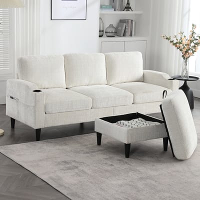 BLACKCOLORS Elegante bank met poef en opbergruimte – 4-zits met comfortabele armleuningen, bekerhouders, zijvakken en stevige kunststof poten, fluwelen bekleding voor een zacht gevoel op de huid