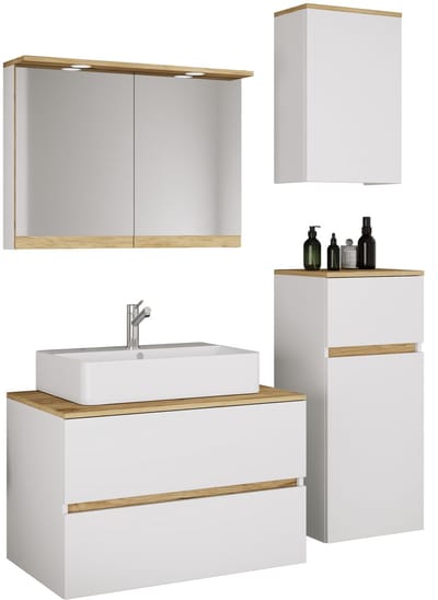 VCM 5-tlg. Waschtisch Set mit Keramikbecken, Badschrank mit 2 Softclose-Schubladen, Midischrank, Hängeschrank, Spiegelschrank mit Beleuchtung und Steckdose, Maße Unterschrank H. 51 x B. 80 x T. 47 cm, Cosila-A