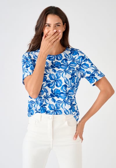 Damart - T-shirt tricot reliëf bloemen - Dames - Blauw - XS