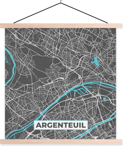 Posterhanger incl. Poster 40x40 cm - Schoolplaat - Argenteuil - Frankrijk - Kaart - Stadskaart - Plattegrond - Textielposter - Blanke latten - Stadskaart