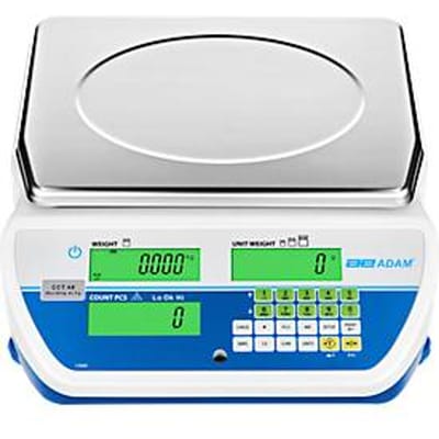 Adam CCT 4 bankweegschaal, weegbereik 0,1 g-4 kg, LC-display, RS-232, netvoeding/batterij, B 326 x D 355 x H 115 mm, roestvrij staal, wit-blauw