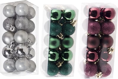 Kleine kunststof kerstversiering 60x stuks set en 3 cm kerstballen in het zilver-aubergine-groen - Voor kleine kerstbomen