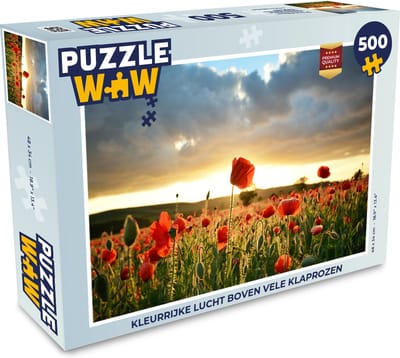 Puzzel Kleurrijke lucht boven vele Klaprozen - Legpuzzel - Puzzel 500 stukjes