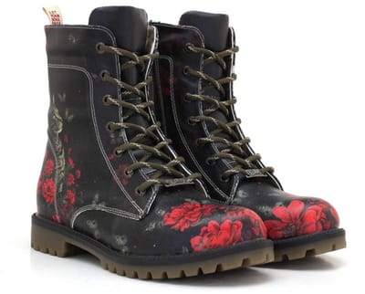 Goby Dames Veterboots – Rode Bloemenprint – Handgemaakt Vegan Leer – Comfortabele Damesboots – Maat 40
