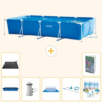 Intex Rechthoekig Frame Zwembad - 450 x 220 x 84 cm - Blauw - Inclusief Afdekzeil - Zwembadfilterpomp - Grondzeil - Schoonmaakset - Solar Mat - Onderhoudspakket - Zwembadgids - 8-delig