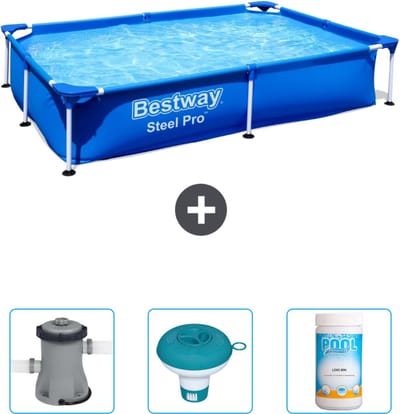 Bestway Rechthoekig Steel Pro Zwembad - 221 x 150 x 43 cm - Blauw - Inclusief Pomp - Chloordrijver - Chloor