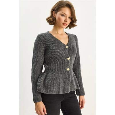 Geribde Lange Mouwen V-Hals Cardigan met Knopen