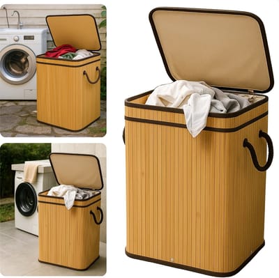 Cheqo® Bamboe Wasmand - Wasmand met Deksel - Uitneembare Wasbare Binnenzak - 72 Liter - Natuurlijk Bruin - Klapdeksel - Wasmand 1 Vak