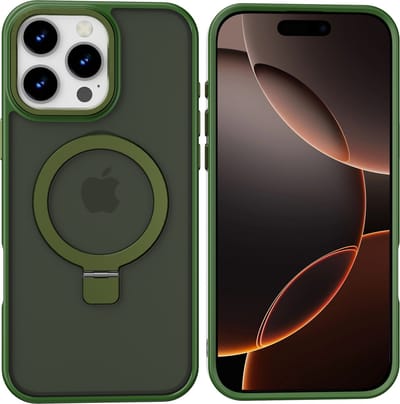 Hoesje Geschikt voor iPhone 16 Pro Max Magsafe hoesje - hard backcover - Magnetische Standaard - Ringhouder - Mat Transparant / Groen
