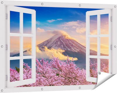 Gards Tuinposter Doorkijk Fuji Berg met Roze Bloesembomen - Bloemen - 120x80 cm - Tuindoek - Tuindecoratie - Wanddecoratie buiten - Tuinschilderij