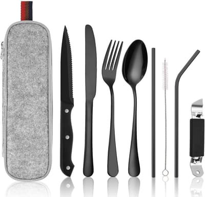 Famanu – Camping bestekset van 9 stuks, roestvrijstalen bestek voor buiten, inclusief draagtas, vork, lepel, steakmes, rietjes en schoonmaakborstel (zwart