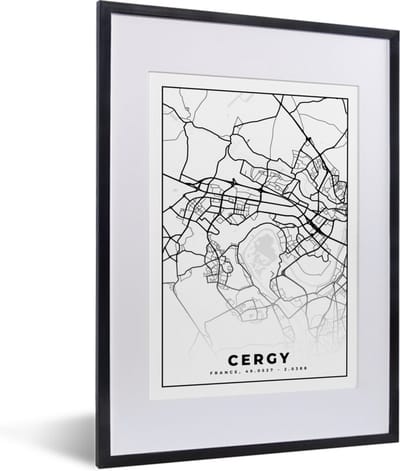 Fotolijst incl. Poster Zwart Wit- Frankrijk - Kaart - Cergy - Plattegrond - Stadskaart - Zwart wit - 30x40 cm - Posterlijst