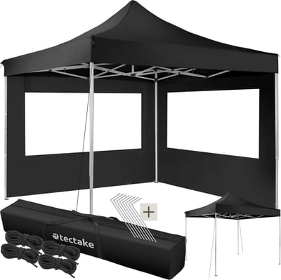tectake® Aluminium Paviljoen 3x3 - Opvouwbaar Paviljoen - Waterdicht - Partytent met 2 Zijwanden - Inclusief Spantouwen, Haringen en Tas - Luifel voor Balkon, Terras, Tuinpaviljoen - Zwart