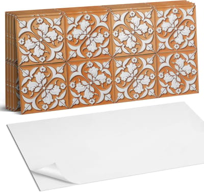Coloray Plaktegels - Patroon met bloemmotieven Wandtegel Zelfklevend - 60 cm x 30 cm - Oranje Plaktegels - 6 stuks - Rechthoek PVC Tegels - Plaktegels Keuken - Zelfklevende Vloertegels Badkamer - Vinyltegels Vloer Zelfklevend - Portugese Tegels