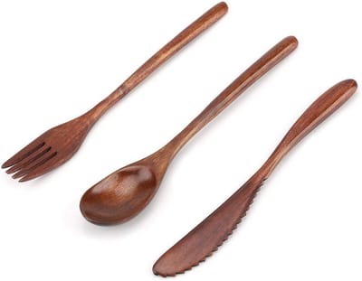 Natuurlijke houten tafelgerei set voor onderweg - Herbruikbare bestekset met vork, mes en lepel