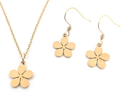 Stalen dames collier en oorhangers van 18K gold plated goudkleurig stainless steel met bloem hangertjes