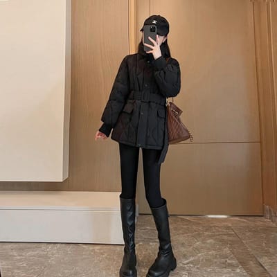 Veste en coton cintrée pour femme, section courte, col montant, petite noire, populaire, fine, veste d'hiver XL noir