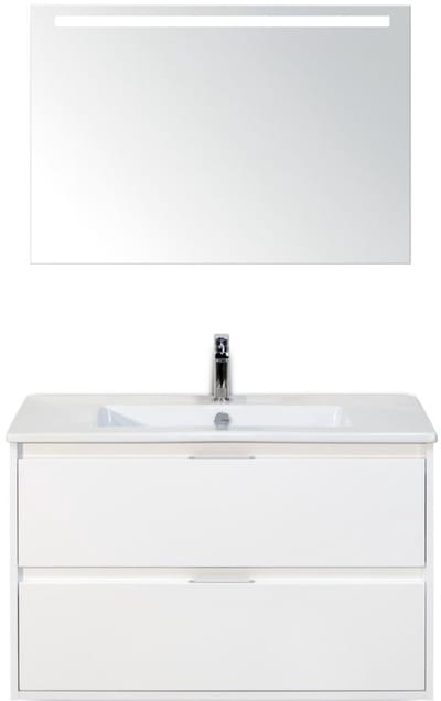 Porto Badmeubelset 90 cm - Wit Hoogglans - Keramische Wastafel Wit Slim met Sence Spiegel