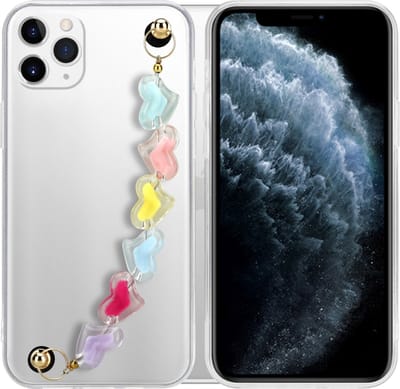 Cadorabo Hoesje geschikt voor Apple iPhone 11 PRO MAX in Transparant met kleurrijke hartjes - Beschermhoes van flexibel TPU silicone Case Cover met polsketting
