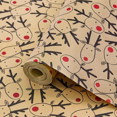 Kerst inpakpapier - Milieuvriendelijk - bruine achtergrond -Kerstinpakpapier op rol - 43 cm * 3 m - recyclebaar - bruin kraft - kerstinpakpapier - rendierkopontwerp - voor kerstcadeauverpakking - feestdecoratie