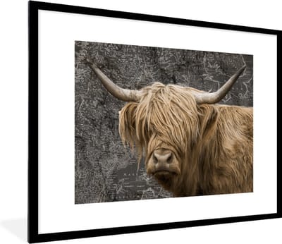 Poster in lijst - Fotolijst 80x60 cm - Posters - Wereldkaart - Dieren - Schotse hooglander - Posterlijst zwart - Decoratie - Wanddecoratie woonkamer - Muurdecoratie slaapkamer