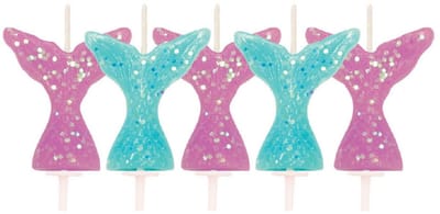 ANNIVERSARY HOUSE - 5 roze en blauwe zeemeerminstaart kaarsen met glitters 6,5 cm
