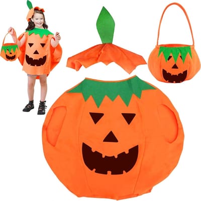 Halloween Pompoen Kostuum voor Kinderen met Pompoen Hoed en Snoepzak - Grappige Cosplay Kleding voor Feestjes en Carnavalsactiviteiten