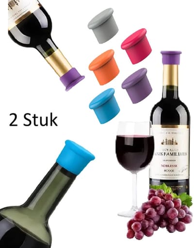 2 Stuks Siliconen Wijnflesdoppen – Herbruikbare Lekvrije Flessenstoppen | Voor Wijn, Bier & Champagne – Multikleuren – 2,6 × 3,6 cm