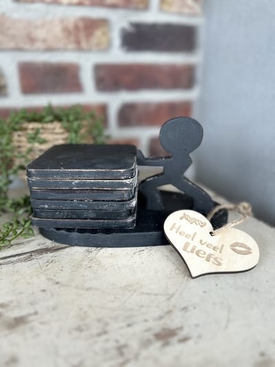 Creaties van Hier - Onderzetters Power Blackwash inclusief houten hartje - Hout - 12x20 cm