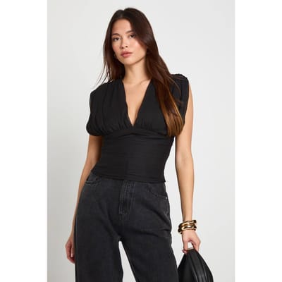 boohoo Dames Geplooide chiffon top met diepe V-hals | Black | Maat: 6