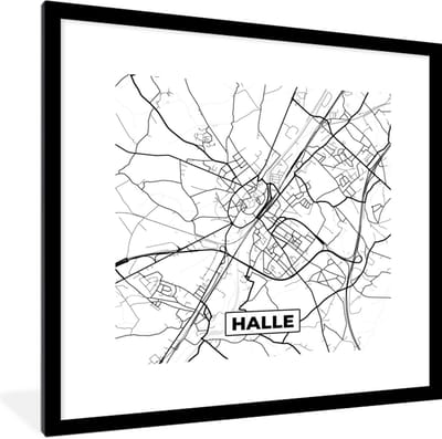 Fotolijst incl. Poster Zwart Wit- Zwart Wit – België – Plattegrond – Stadskaart – Kaart – Halle - 40x40 cm - Posterlijst