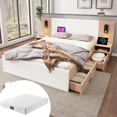 Tweepersoons houten bed, 160×200 cm, met 2 lades, leeslampje naast het bed (met USB-oplaadfunctie), modern bed, inclusief 2 nachtkastjes, bedframe en lattenbodem - 235×80×207 cm, eiken/wit (matras inbegrepen).