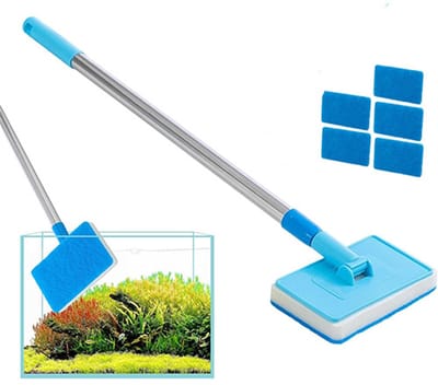 Reinigingsborstel voor aquaria –Algenkrabber – Sponsborstel – Glasreiniger – Inclusief 5 vervangbare koppen – Aquariumaccessoire – Voor glasreiniging – Telescoopsteel 55-95 cm – Rechthoek - Blauw