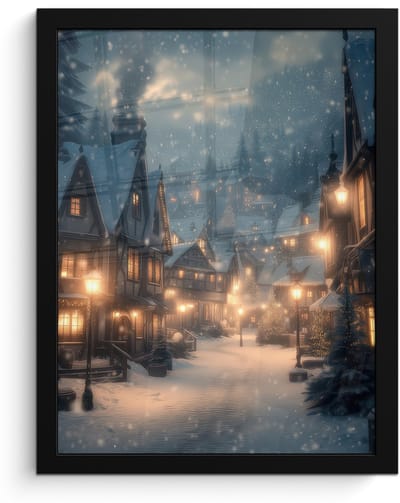 Poster in lijst - Fotolijst 30x40 cm - Posters - Winterdorp - Sneeuw - Donker - Posterlijst zwart - Decoratie - Wanddecoratie woonkamer - Muurdecoratie slaapkamer