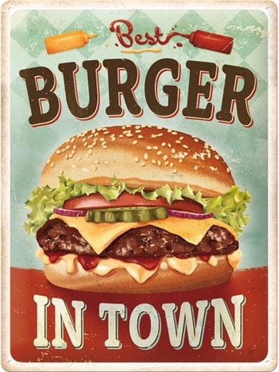 Metalen Wandbord Best Burger in Town Hamburger - 30 x 40 cm - Reliëf