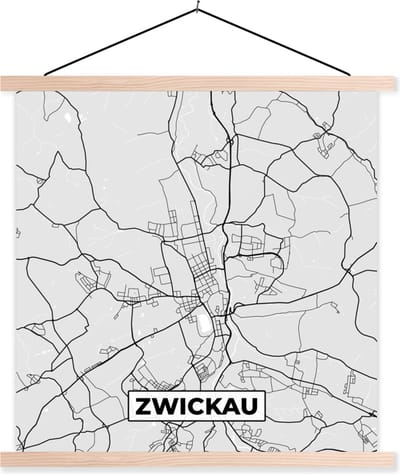 Posterhanger incl. Poster 40x40 cm - Schoolplaat - Duitsland - Stadskaart - Plattegrond - Zwickau - Kaart - Textielposter - Blanke latten - Stadskaart