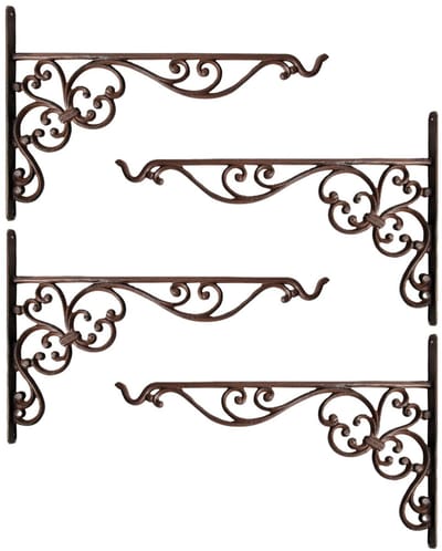 Esschert Design Muurhaak - 4x - sierkrullen - bruin -35 x 25 cm - voor plantenpotten -gietijzer- hanging baskets