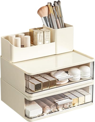 Make-up Organizer met 2 Lades, Stapelbare Cosmetica Organizer met Borstelhouder, Plastic Badkameropbergoplossing voor Make-up, Huidverzorging en Oogschaduw