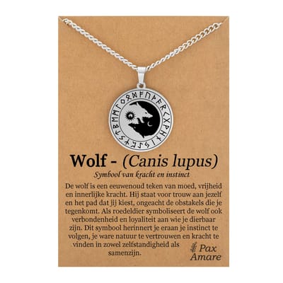 Wolf Yin Yang Ketting Ketting op Cadeau Kaartje - Spirituele Talisman - Roestvrij Staal / Stainless Steel - Natuur & Balans - 60cm - Pax Amare