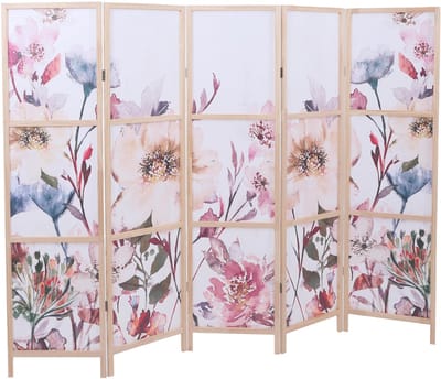 Paravent MCW-O70, scheidingswand, zichtbescherming, ruimteverdeling, natuurmotieven, hout, MVG, polyethyleen, 170 x 227 cm ~ bloemen