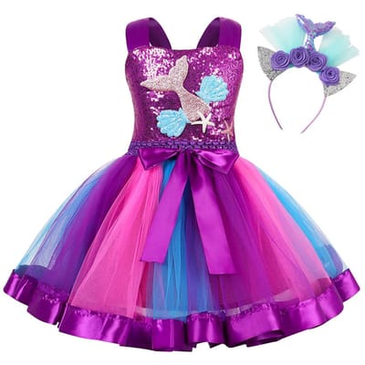 Enfants Sirène Jeu de Rôle Princesse Robe Filles Ariel Fantaisie Festival Fête Costume Enfants Séance Photo Couvre-chef Tenue Cadeau d'Anniversaire 4-5T (110cm) purple
