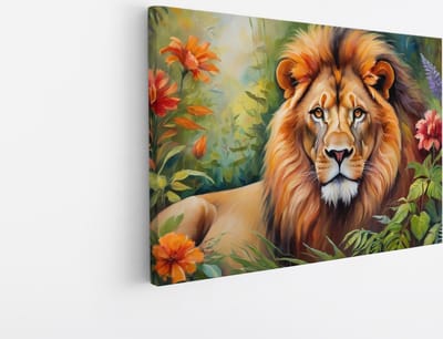 Saammp Canvas Schilderij - Abstracte Leeuw tussen de bloemen - Natuur - Dieren - 45x30 - Foto op canvas - Wanddecoratie - Muurdecoratie Woonkamer - Slaapkamer decoratie - Canvas Print