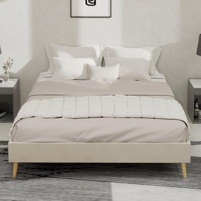 Wishdor Bedframe – 140 x 200 cm – Zonder Hoofdbord – Stof en Metaal Beige – Modern Minimalistisch Design – Stevige Ondersteuning – Snelle Montage – Flexibele Plaatsing – Geschikt voor Standaard Matras