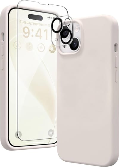Stravo Siliconen Hoesje geschikt voor iPhone 15 , Rotsgrijs, Met 1X Screenprotector + 1X Cameralensbeschermer, [Zachte Krasbestendige Microvezelvoering], Vloeibare Siliconen Schokbestendige Beschermende Telefoonhoes 6.1"