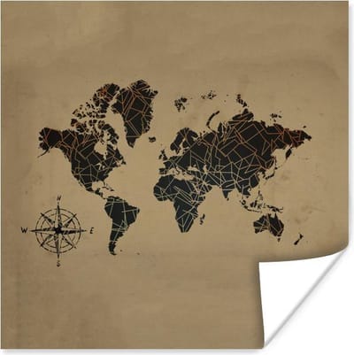 Poster 30x30 cm - Wereldkaart - Goud - Kompas - Posters - Kamer decoratie - Wanddecoratie woonkamer - Muurdecoratie slaapkamer