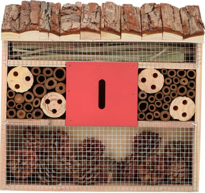 Insectenhotel met dak van schors en rood middenvak 30 cm - Tuindecoratie - Diervriendelijk - Hotel/huisje voor insecten