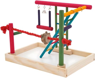 Vogelspeeltuin – Voor kleine vogels – Zitstok met ladders, touwzitstok en schommel – Bruin, natuurlijk materiaal