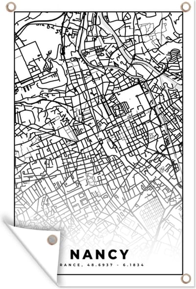 Muurdecoratie Stadskaart - Nancy - Plattegrond - Kaart - Frankrijk - Zwart wit - 120x180 cm - Tuinposter - Tuindoek